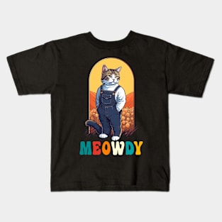 Funny Cat Farmer Meme Meow Howdy Meowdy Kids T-Shirt